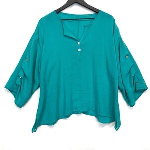 FRIDAZE Top Linen Large Teal Lagenlook Ripple Tide Boxy Blouse Popover Button